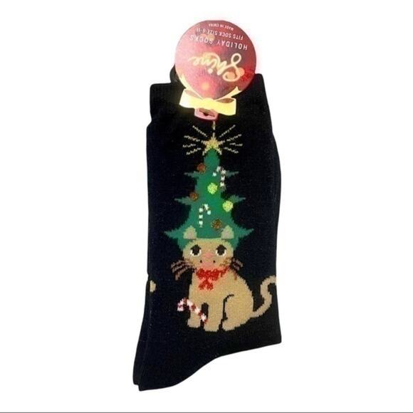 Holiday Socks Cat and Candy Cane Black Crew Length - Picture 1 of 5